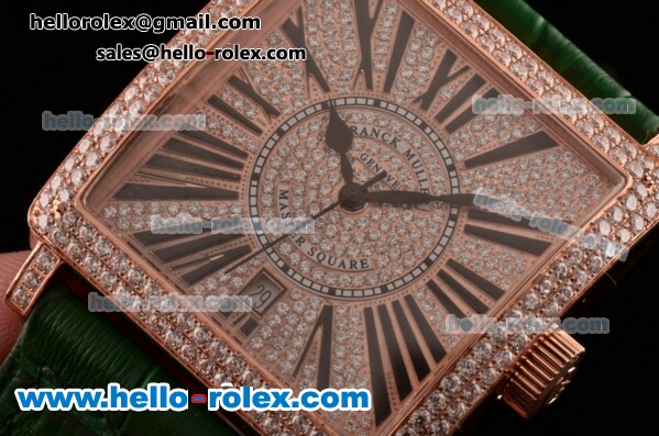 Franck Muller Master Square Swiss ETA 2824 Automatic Rose Gold Case Diamond Bezel with Green Leather Strap and Diamond Dial - Click Image to Close